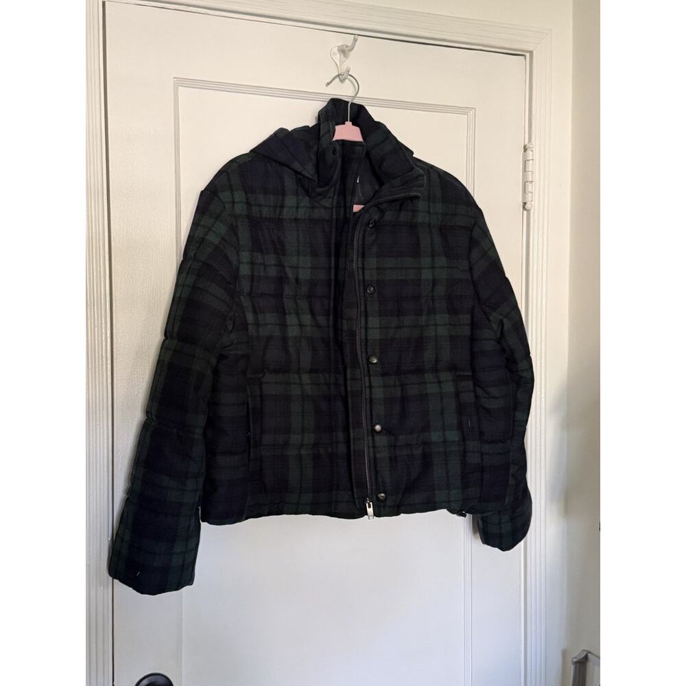 Sezane Hooded Java Puffer Jacket, Navy & Green Tartan Plaid FR 38/US 6 - Picture 1 of 5